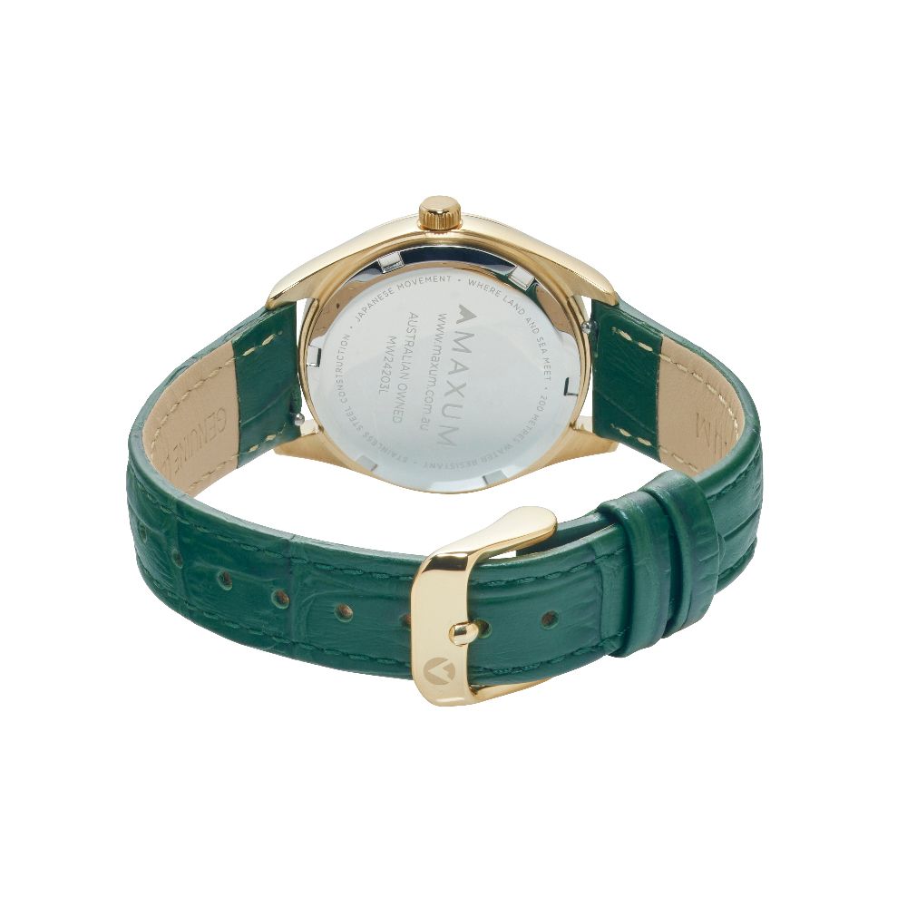 Sydney Crystal-Embellished Analogue Watch –White Dial, Gold Tone Case & Green Leather Band