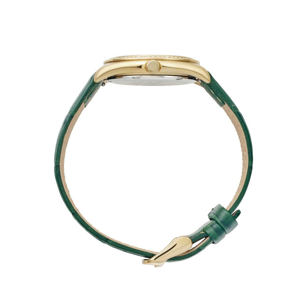 Sydney Crystal-Embellished Analogue Watch –White Dial, Gold Tone Case & Green Leather Band
