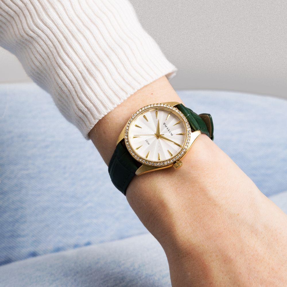 Sydney Crystal-Embellished Analogue Watch –White Dial, Gold Tone Case & Green Leather Band