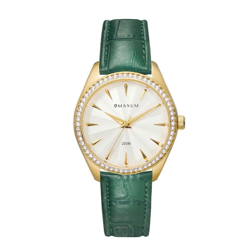 Sydney Crystal-Embellished Analogue Watch –White Dial, Gold Tone Case & Green Leather Band