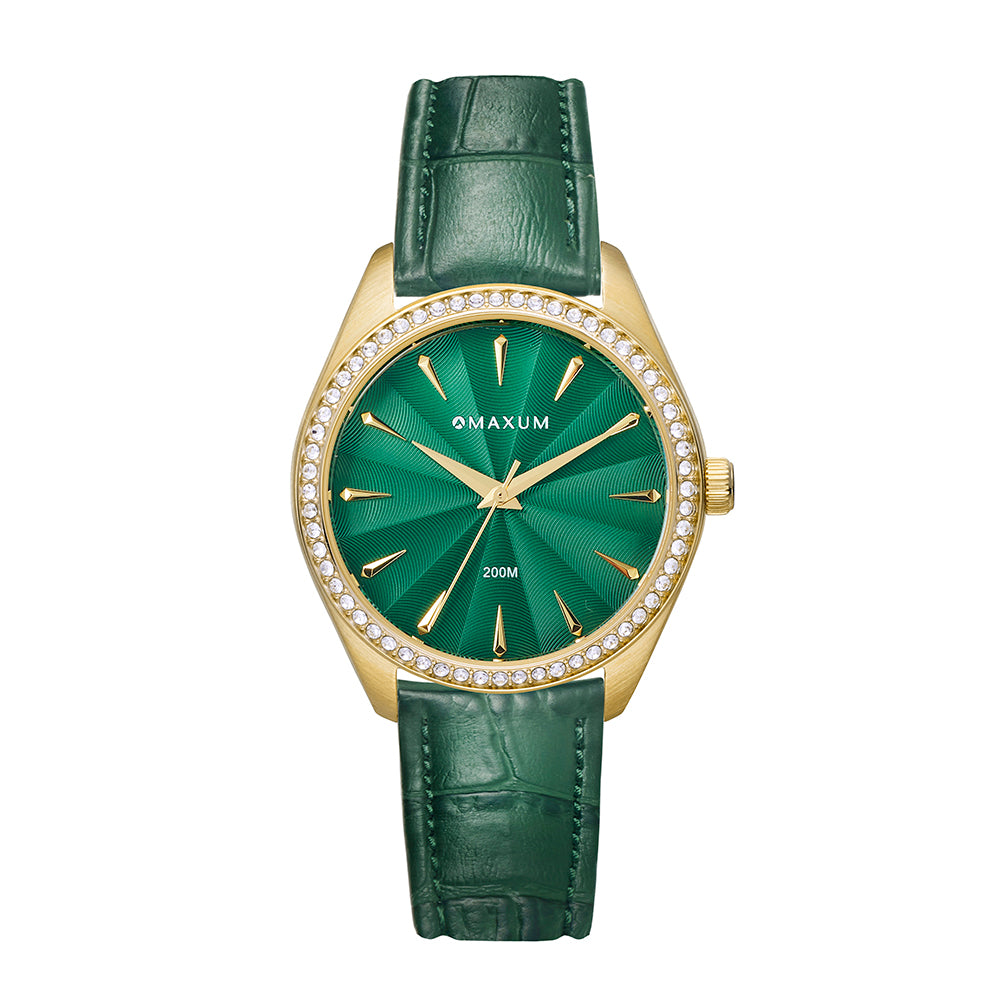 Sydney Crystal-Embellished Analogue Watch –Green Dial, Gold Tone Case & Green Leather Band
