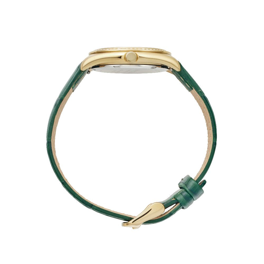 Sydney Crystal-Embellished Analogue Watch –Green Dial, Gold Tone Case & Green Leather Band