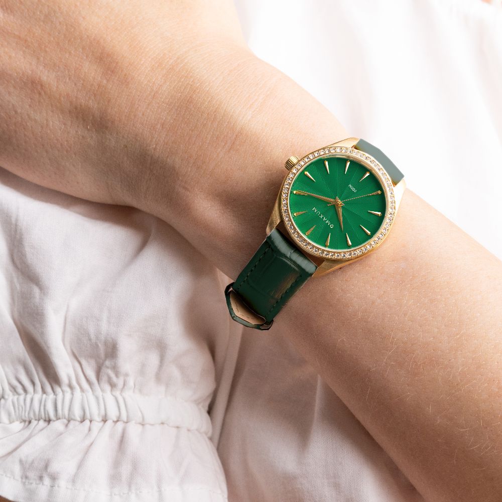 Sydney Crystal-Embellished Analogue Watch –Green Dial, Gold Tone Case & Green Leather Band