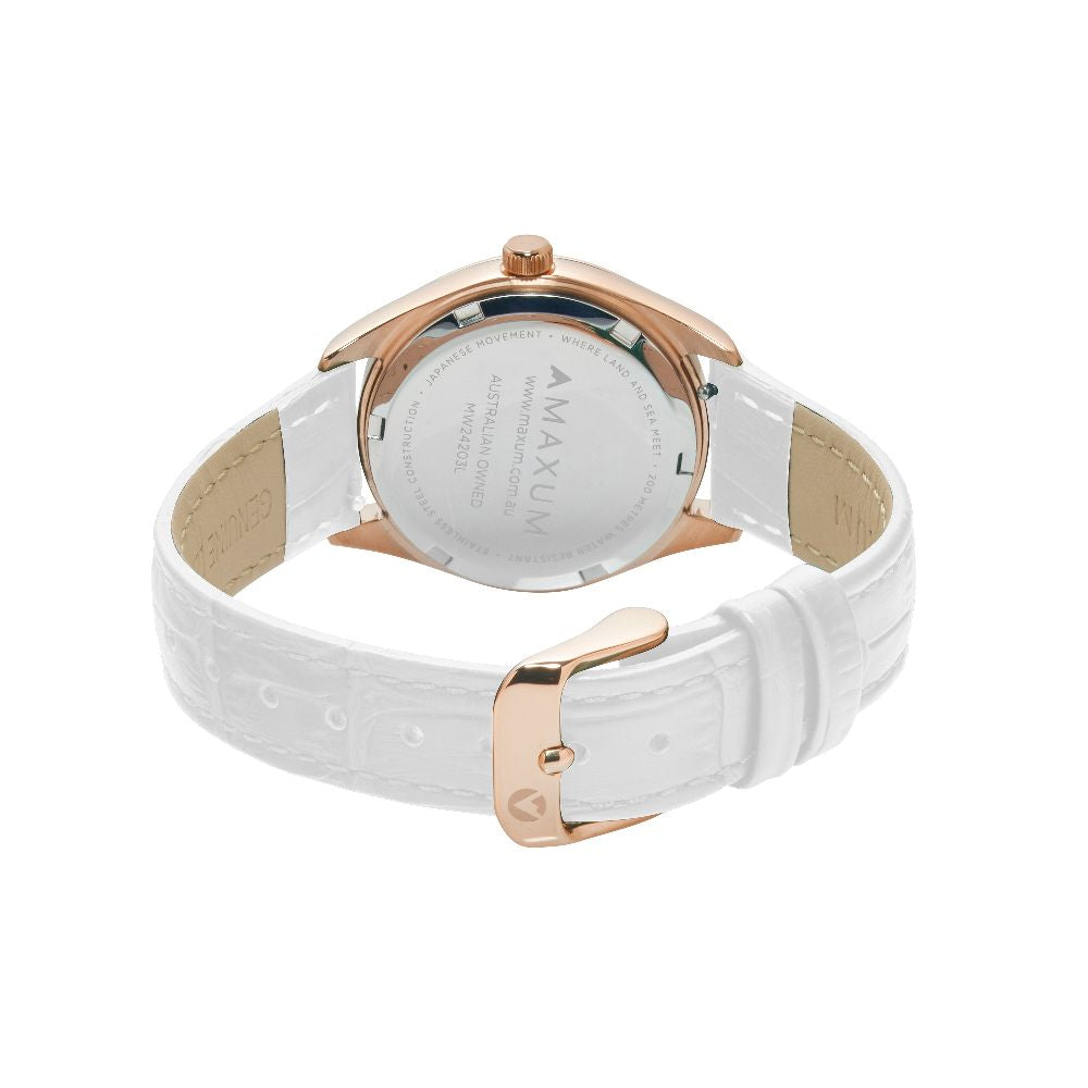 Maxum Sydney rose gold-tone analogue watch with a crystal-embellished bezel and a white leather band, displayed against a plain background. Back view.