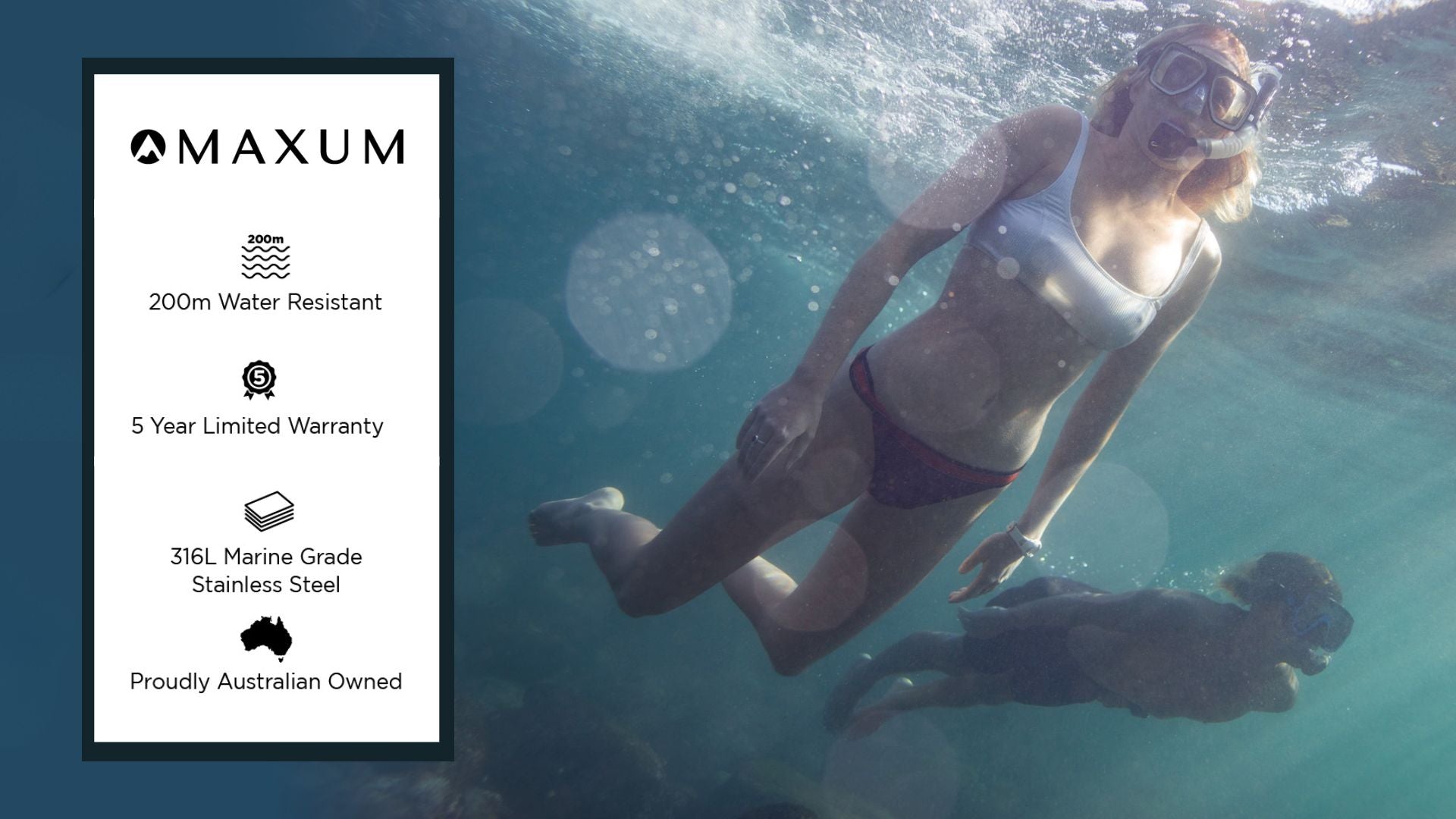 Maxum Endurance Digital watch worn by woman underwater wearing snorkelling mask