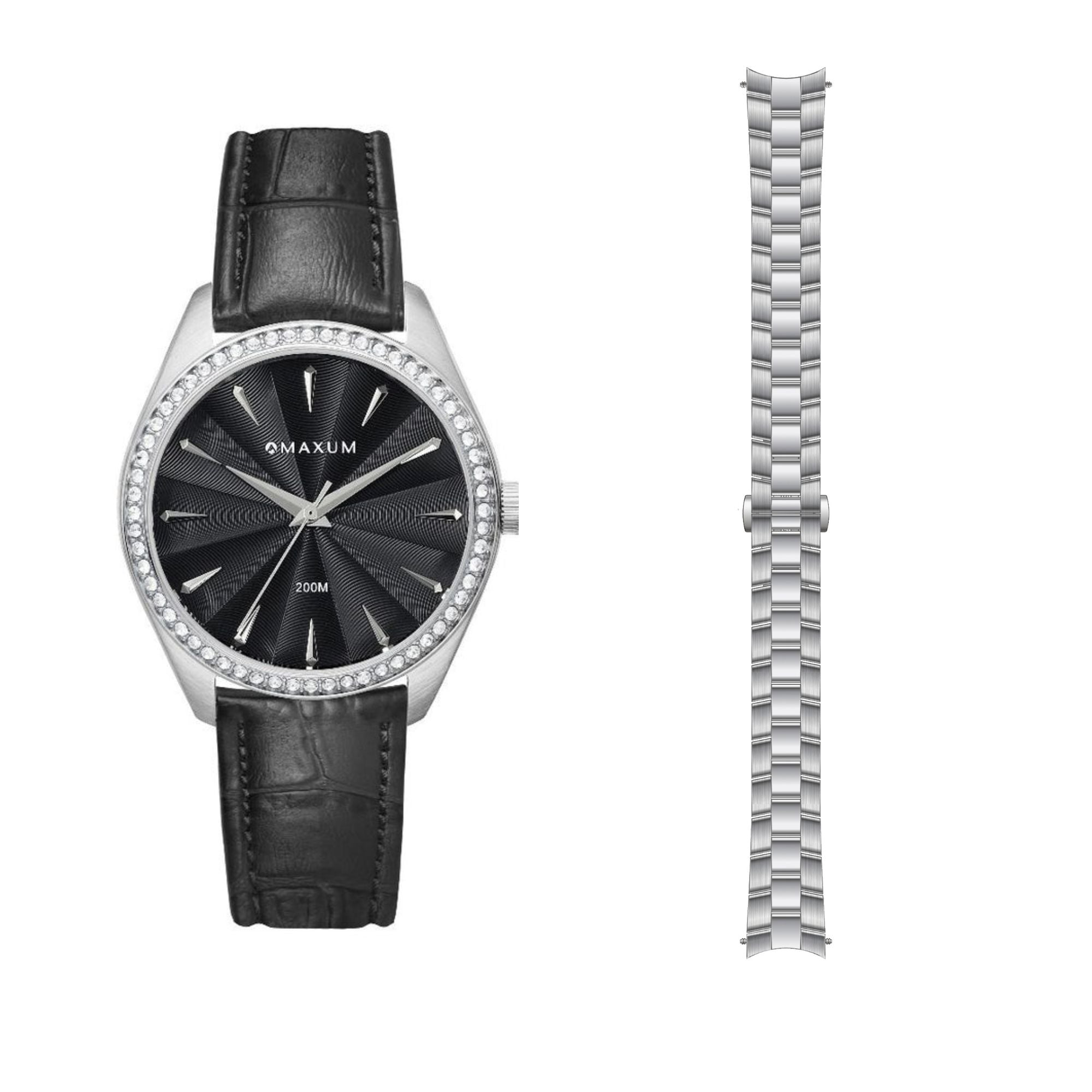 Sydney Silver Box Set -Includes Black Crystal Leather Band Watch with Silver Bracelet Strap