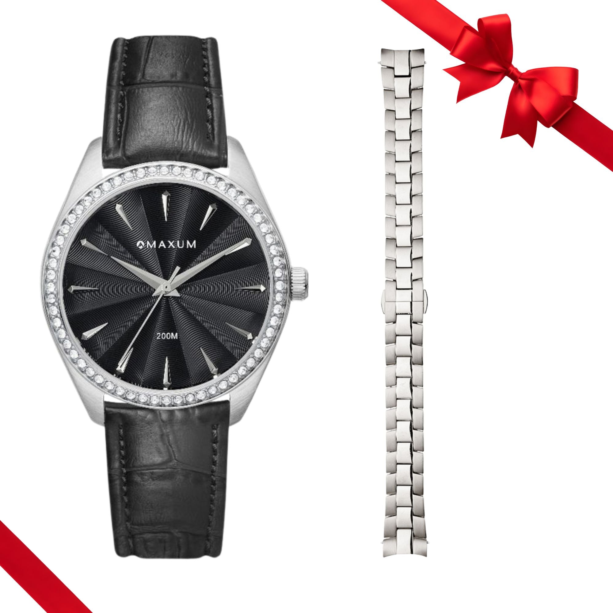 Sydney Silver Box Set -Includes Black Crystal Leather Band Watch with Silver Bracelet Strap