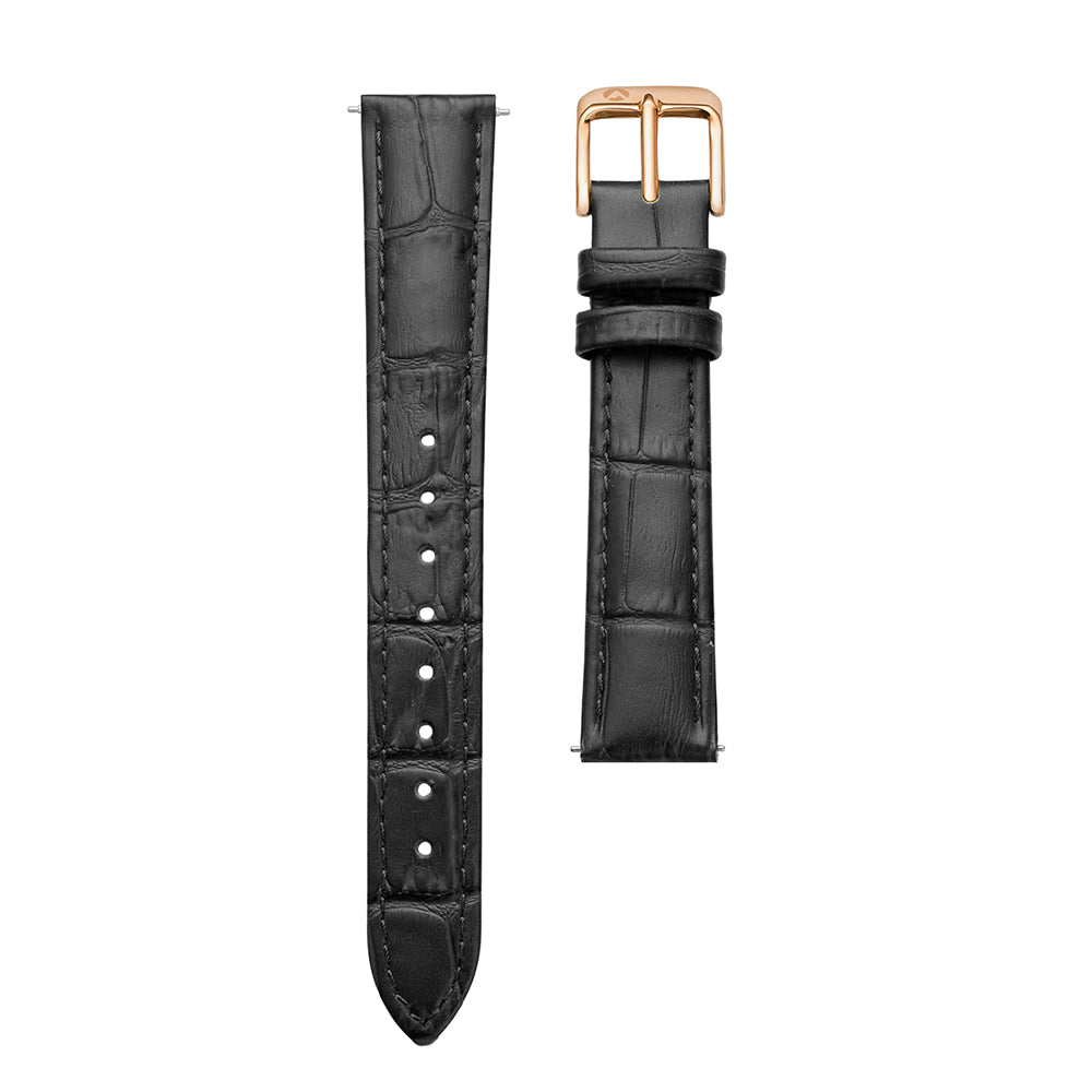 16mm Sydney Watch Band – Black Leather Strap With Rose Gold-Tone Buckle