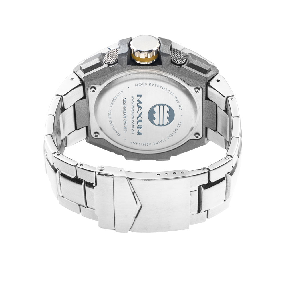 Maxum Bulk stainless steel analog and digital watch with a silver band and casing, black dial with digital readout, and gold accents, back view