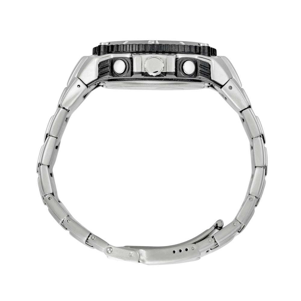 Maxum Maverick stainless steel ana/digi watch with a silver-tone case and bracelet strap, featuring both digital and analogue. Side view