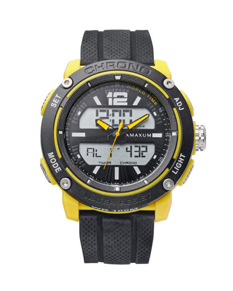 Maxum Conquest Analogue Digital Watch Black & Yellow with a silicone band and a digital display.