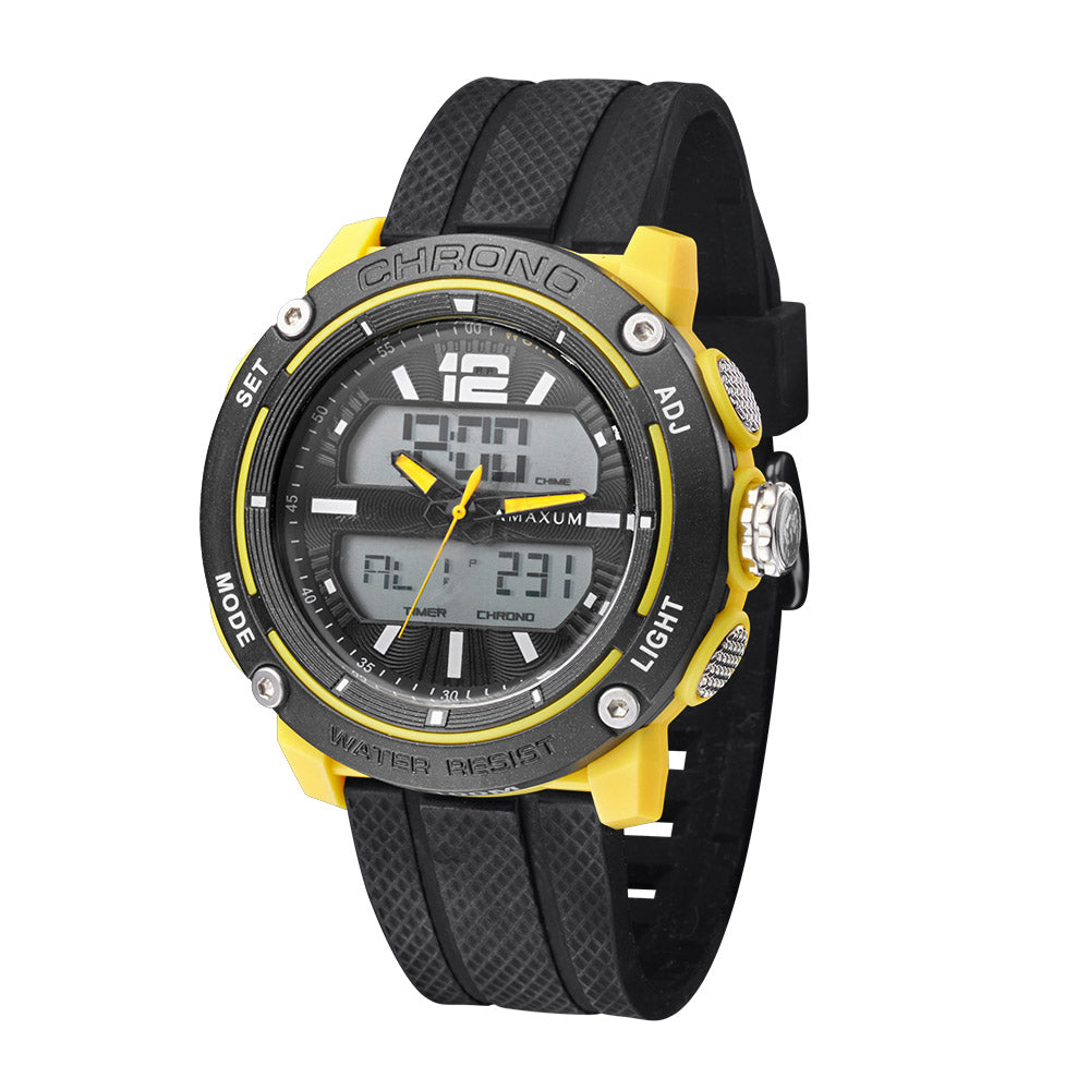 Maxum Conquest Analogue Digital Watch Black & Yellow with a silicone band and a digital display.