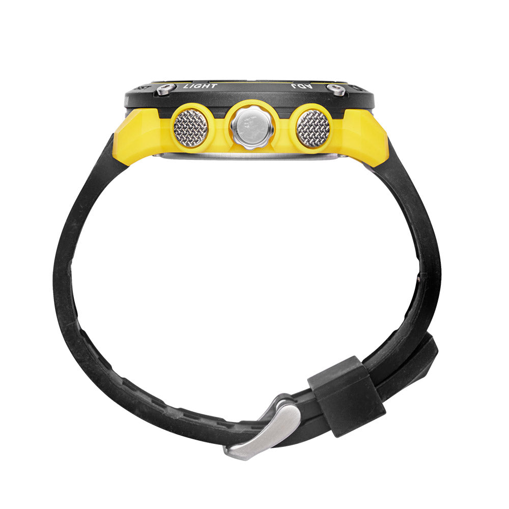 Maxum Conquest Analogue Digital Watch Black & Yellow with a silicone band and a digital display. Side view
