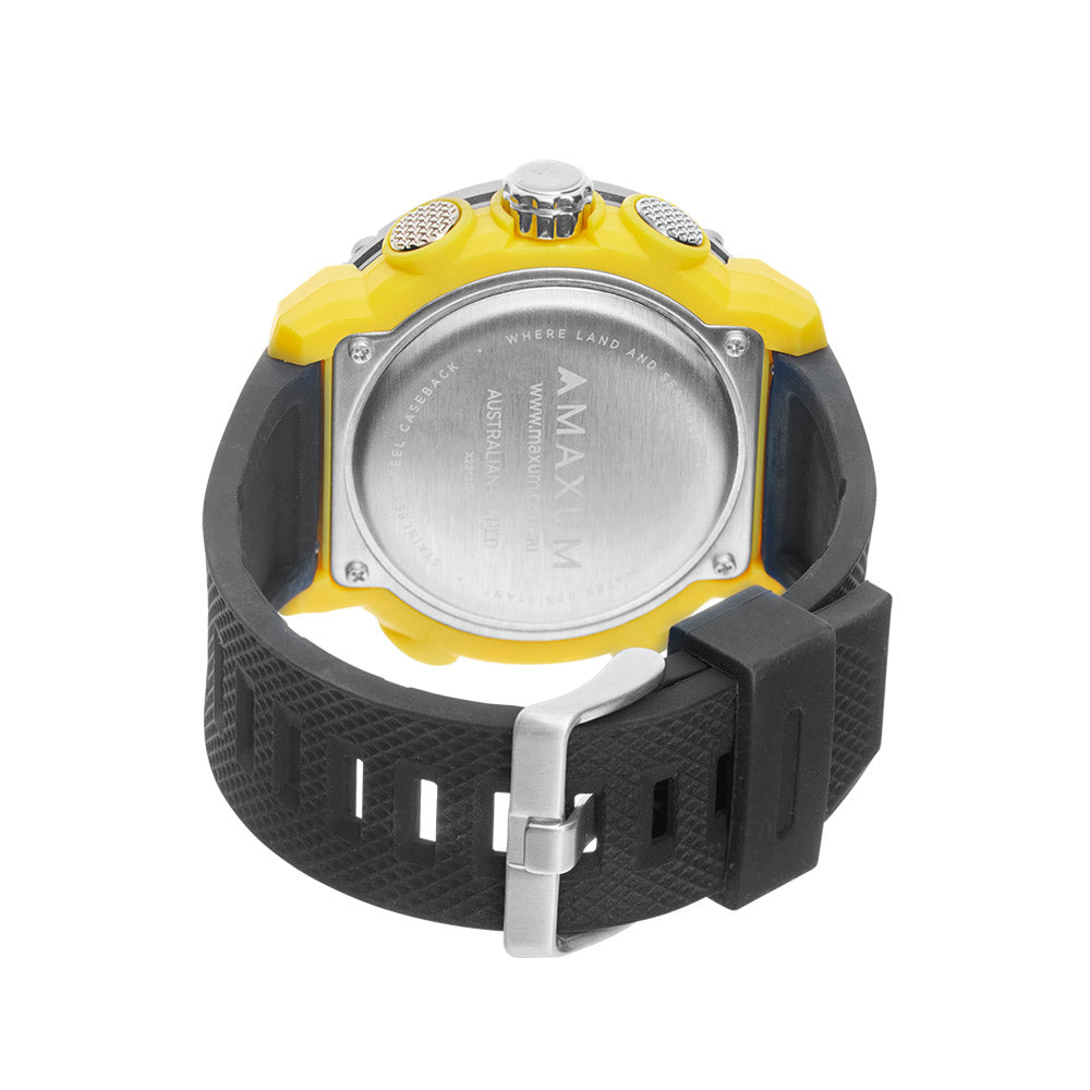 Maxum Conquest Analogue Digital Watch Black & Yellow with a silicone band and a digital display. Back view