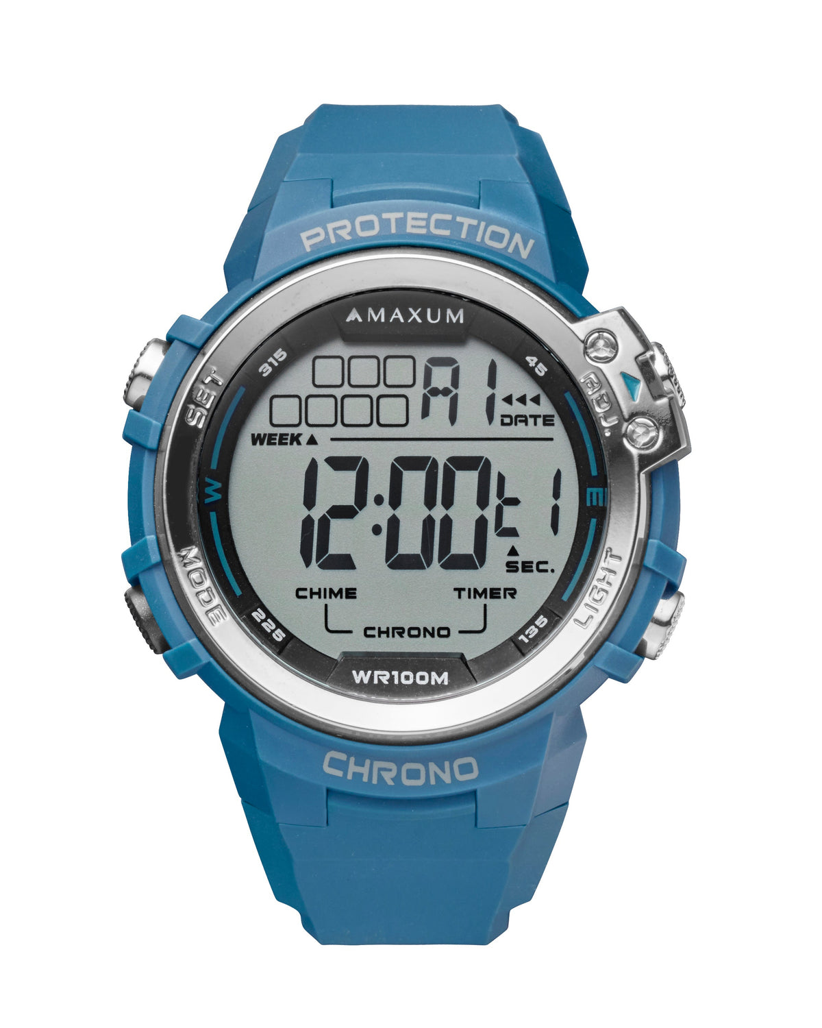 Maxum Explorer Blue Digital Watch with a blue resin strap, featuring a digital display with silver accents.