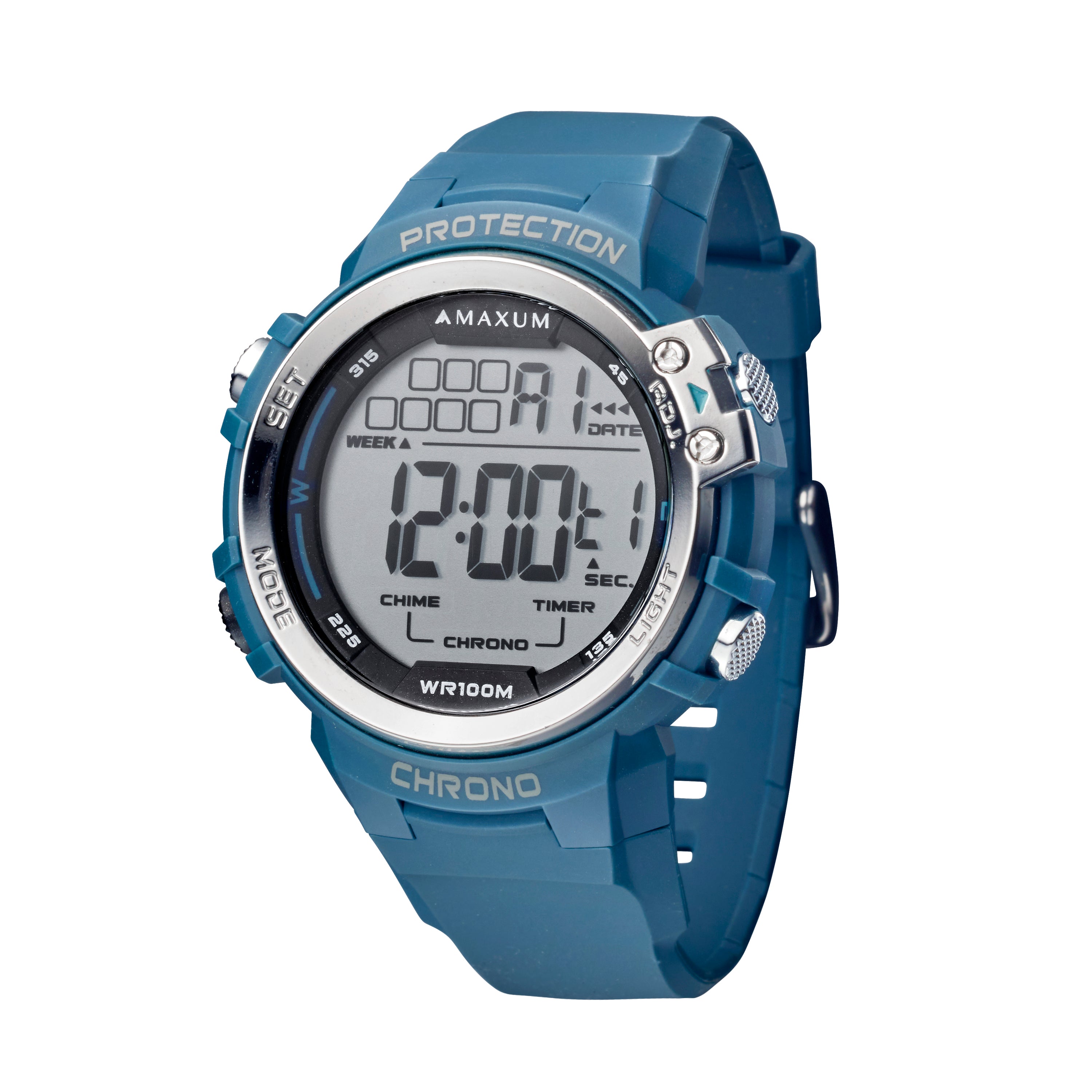 Maxum Explorer Blue Digital Watch with a blue resin strap, featuring a digital display with silver accent