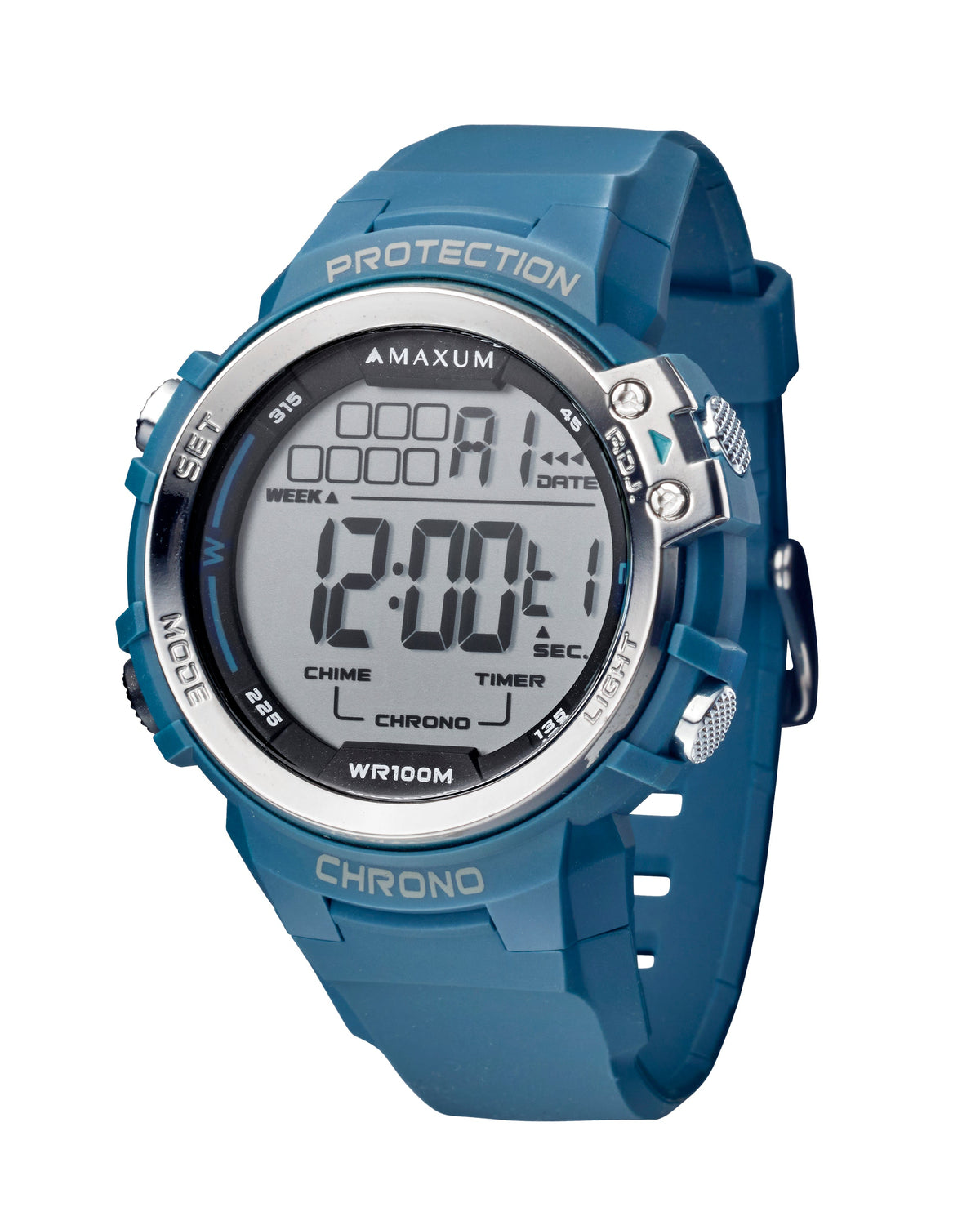 Maxum Explorer Blue Digital Watch with a blue resin strap, featuring a digital display with silver accent