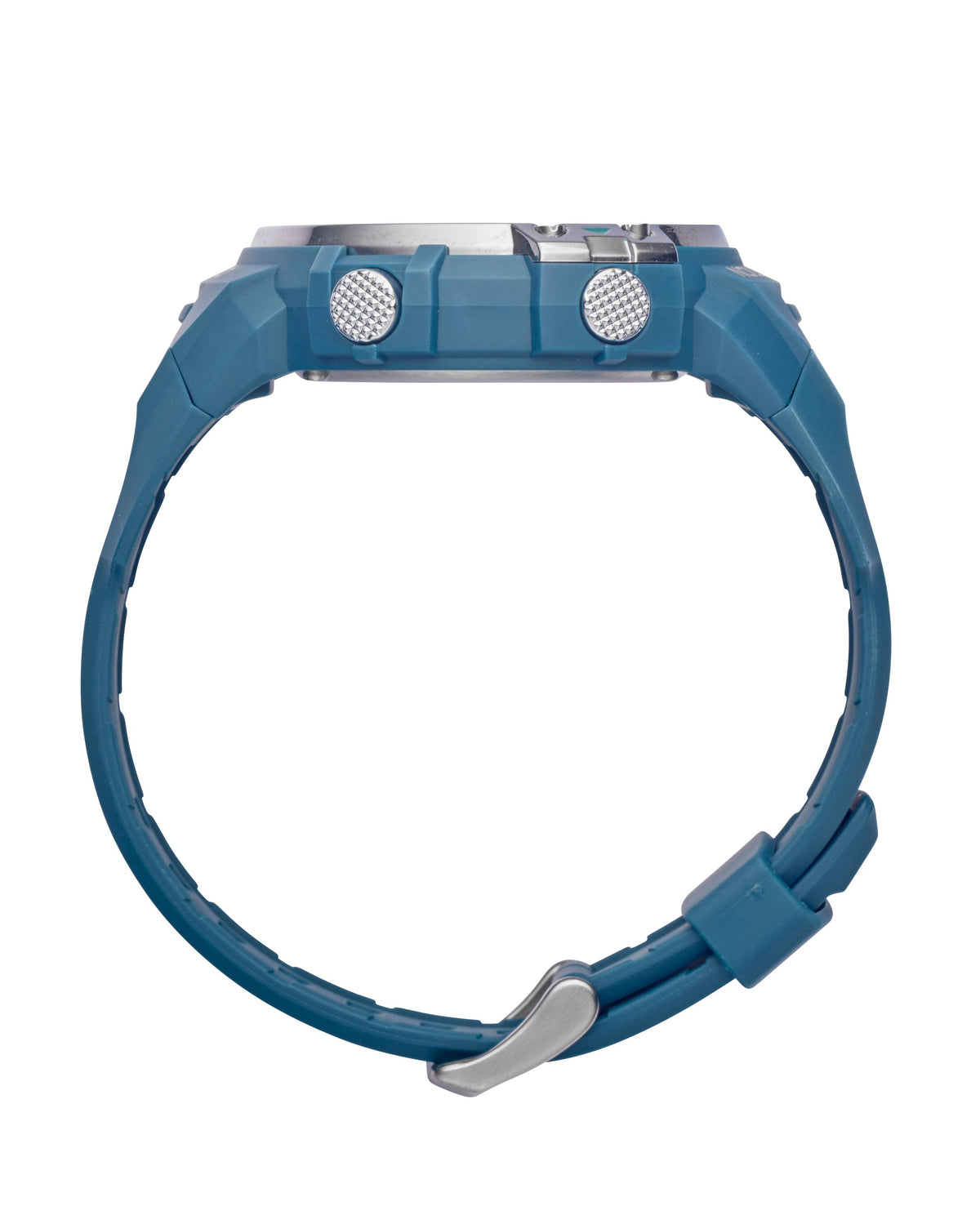 Maxum Explorer Blue Digital Watch with a blue resin strap, featuring a digital display with silver accent. Side view