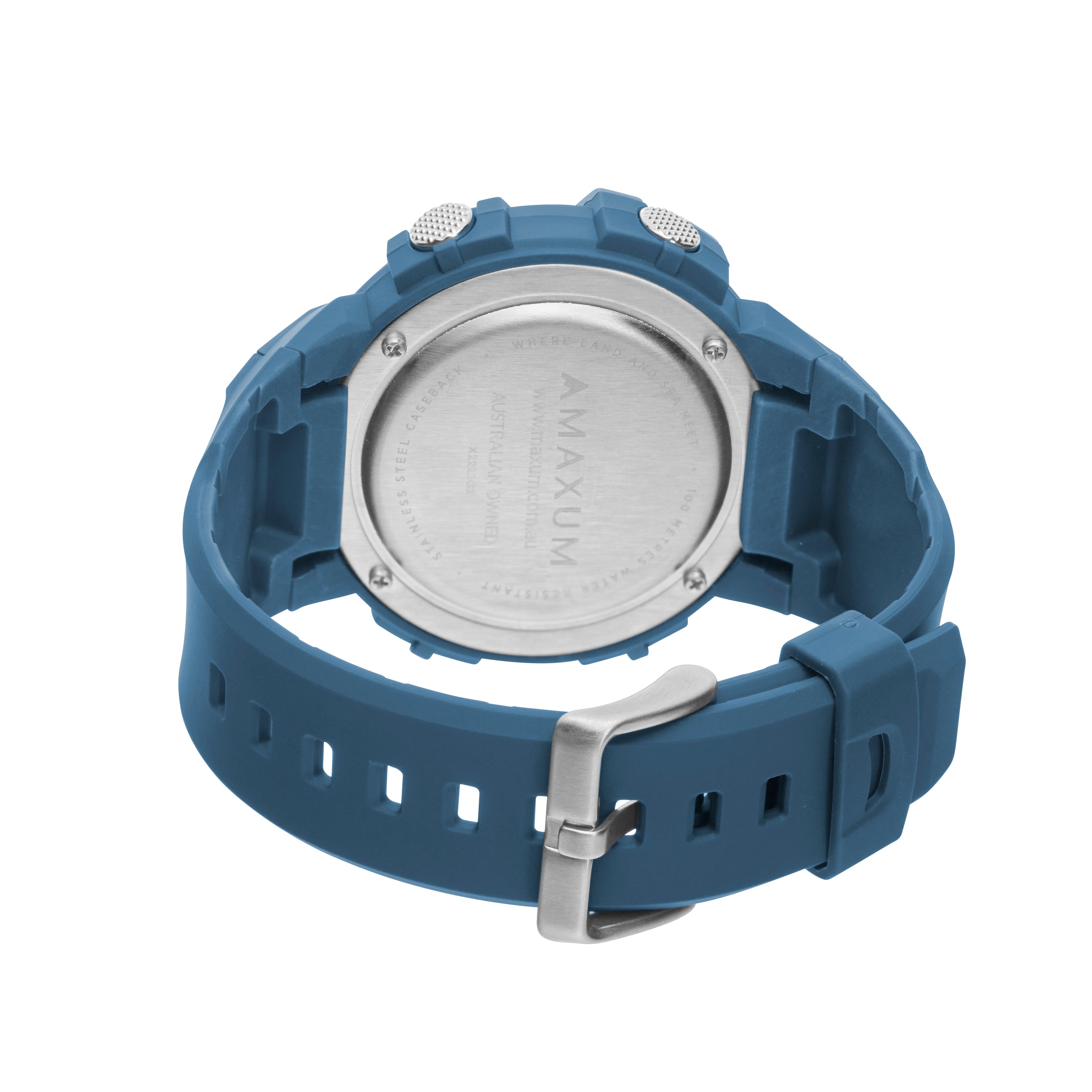 Maxum Explorer Blue Digital Watch with a blue resin strap, featuring a digital display with silver accent. Back view