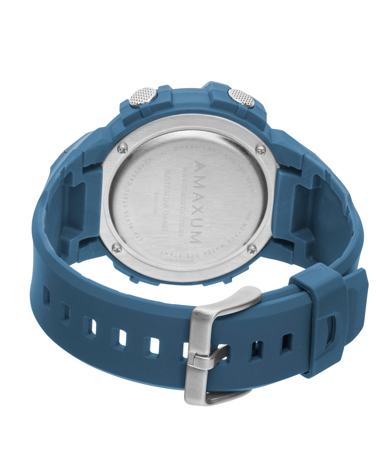 Maxum Explorer Blue Digital Watch with a blue resin strap, featuring a digital display with silver accent. Back view