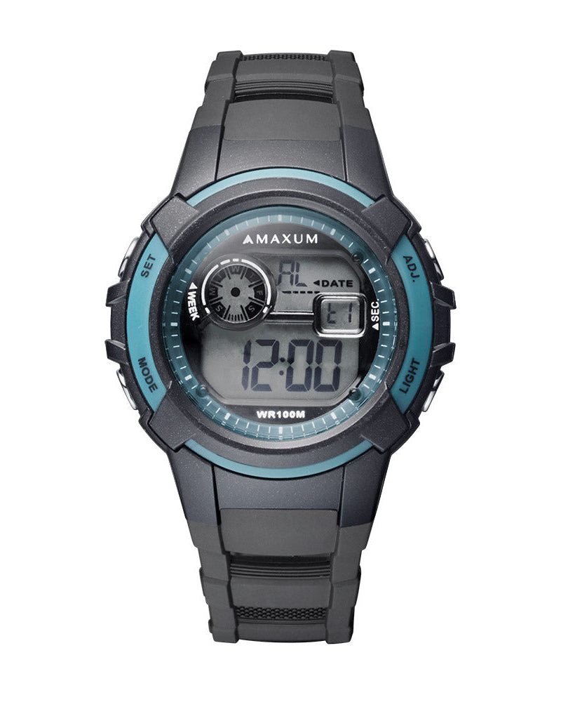 Maxum Button digital watch with a black resin strap and black case, featuring blue accents and a digital display.