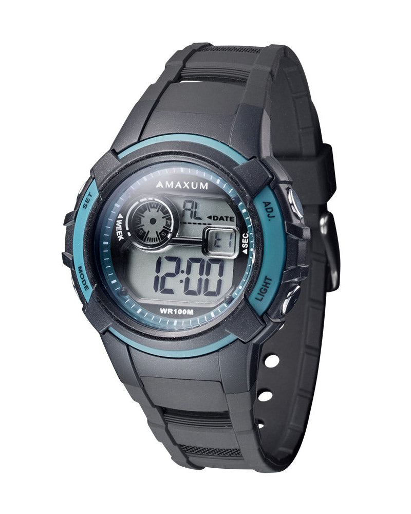 Maxum Button digital watch with a black resin strap and black case, featuring blue accents and a digital display.