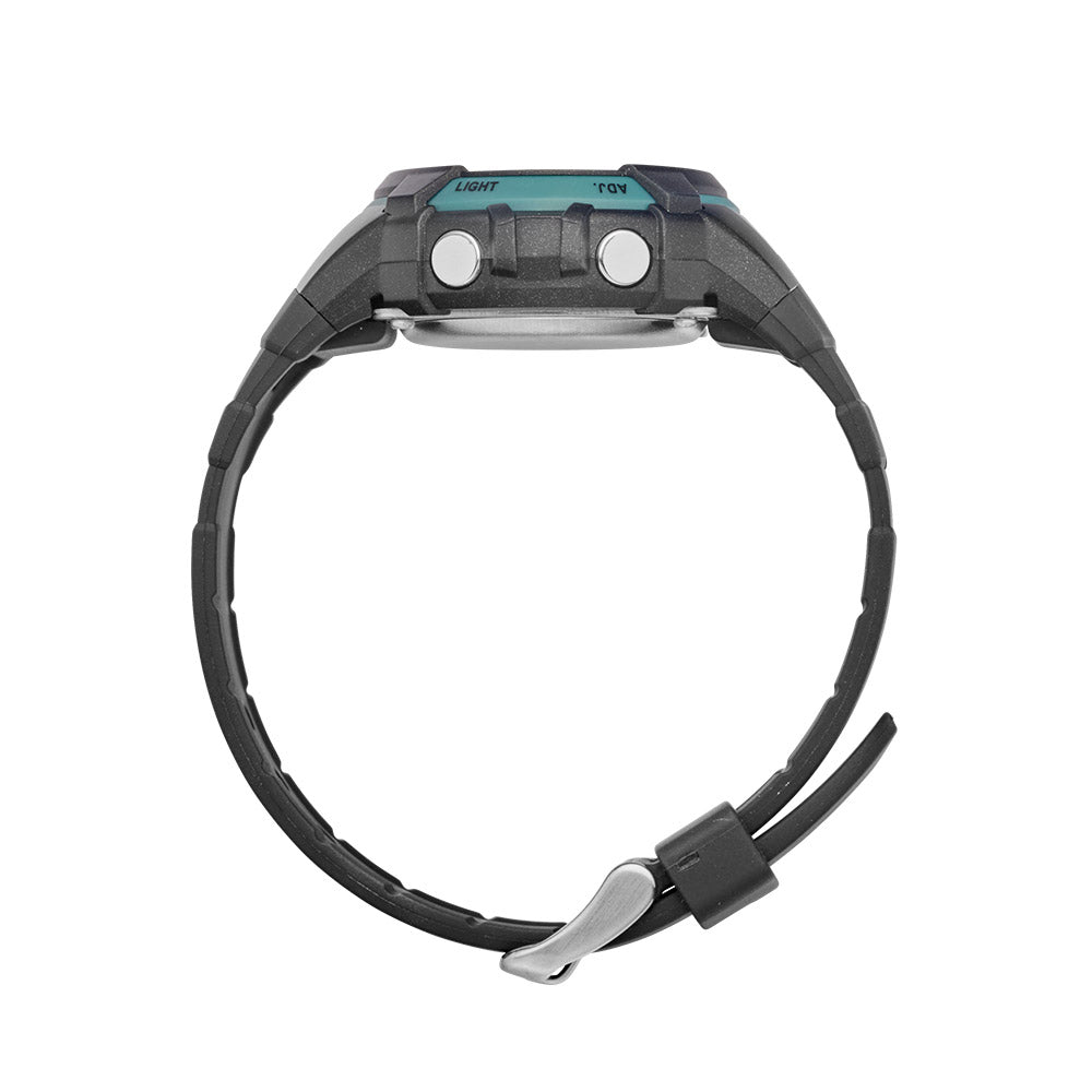 Maxum Button digital watch with a black resin strap and black case, featuring blue accents and a digital display. Side view