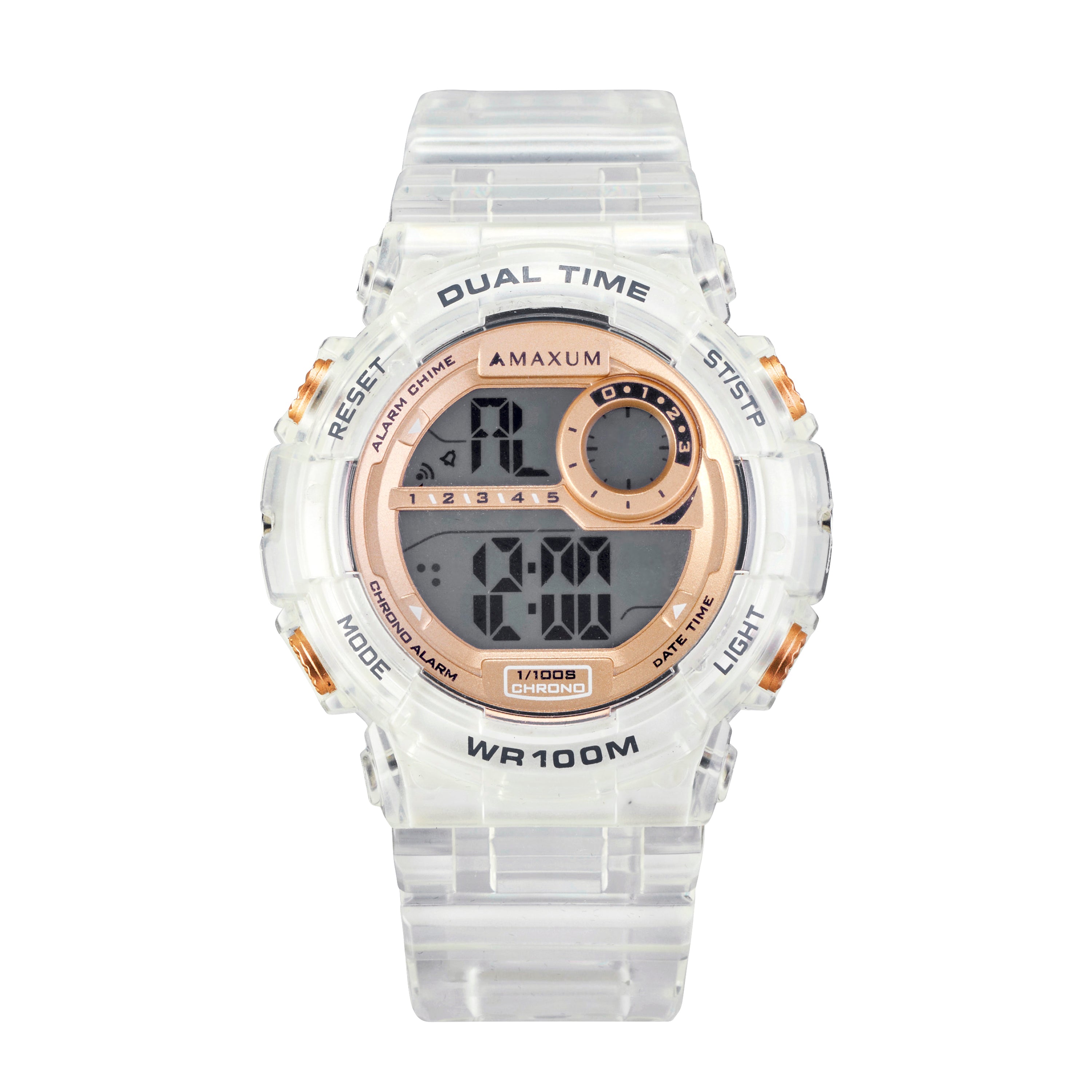 Maxum Endurance digital watch with a clear band and case, featuring a rose gold and white digital display, and buttons for various functions.