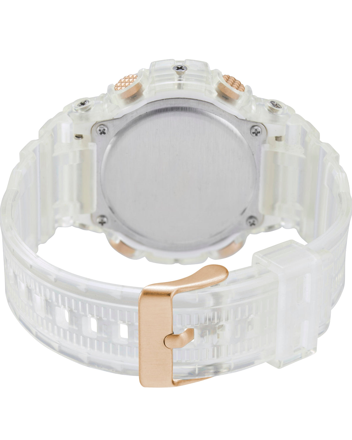 Maxum Endurance digital watch with a clear band and case, featuring a rose gold and white digital display, and buttons for various functions. Back view