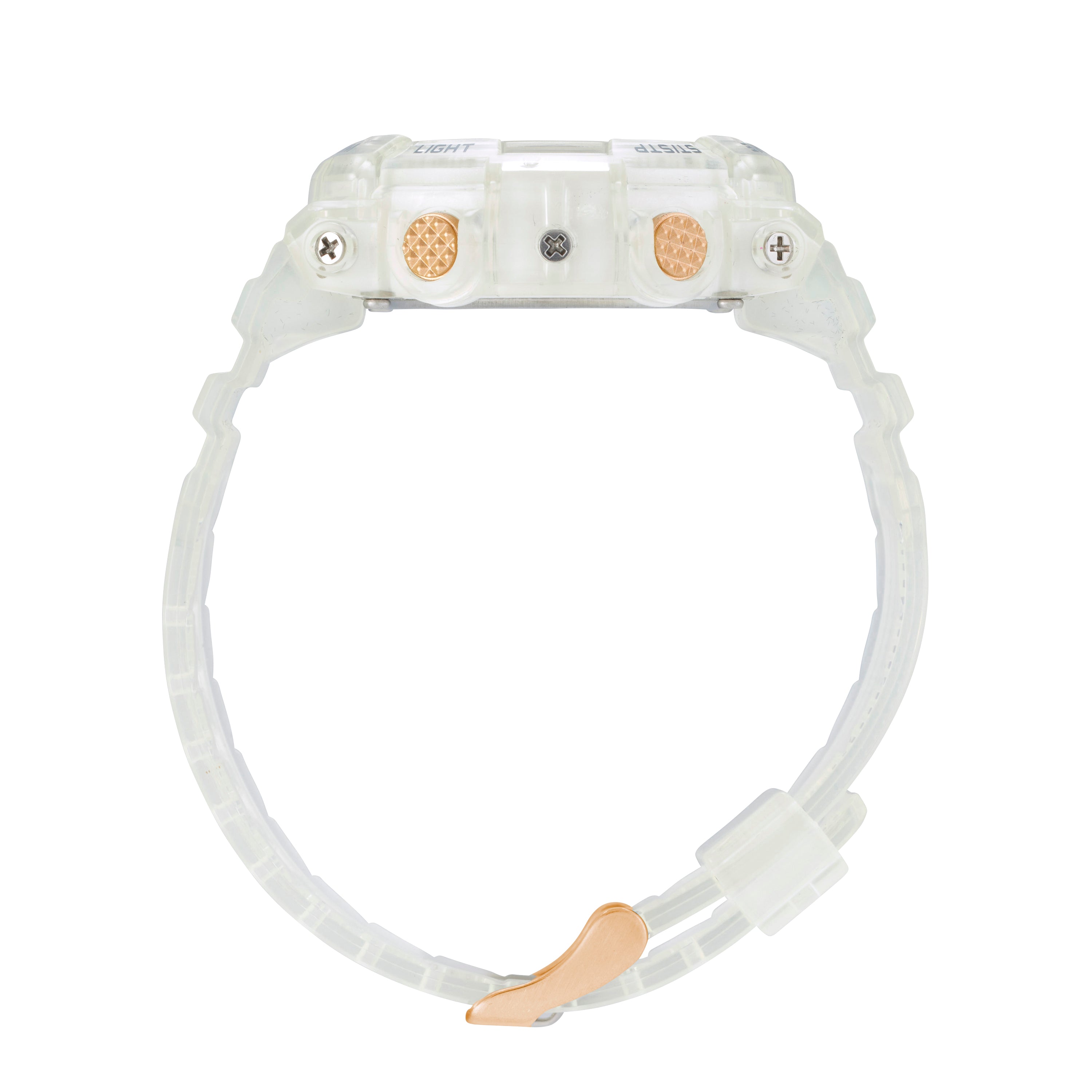 Maxum Endurance digital watch with a clear band and case, featuring a rose gold and white digital display, and buttons for various functions. Side view