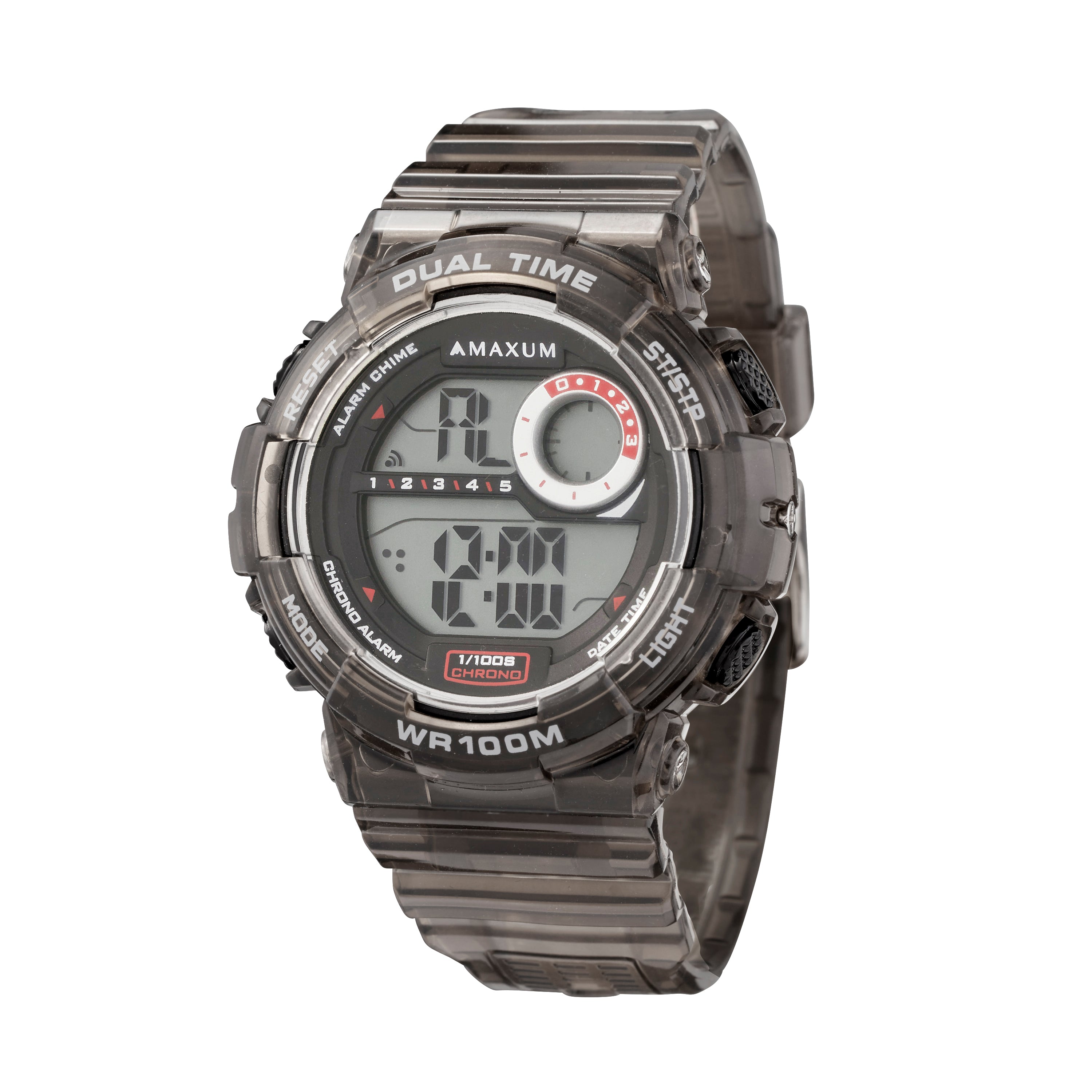 Maxum Endurance digital watch with a black resin strap and a black case, featuring a digital display, alarm, stopwatch, chronograph, and dual time functions.