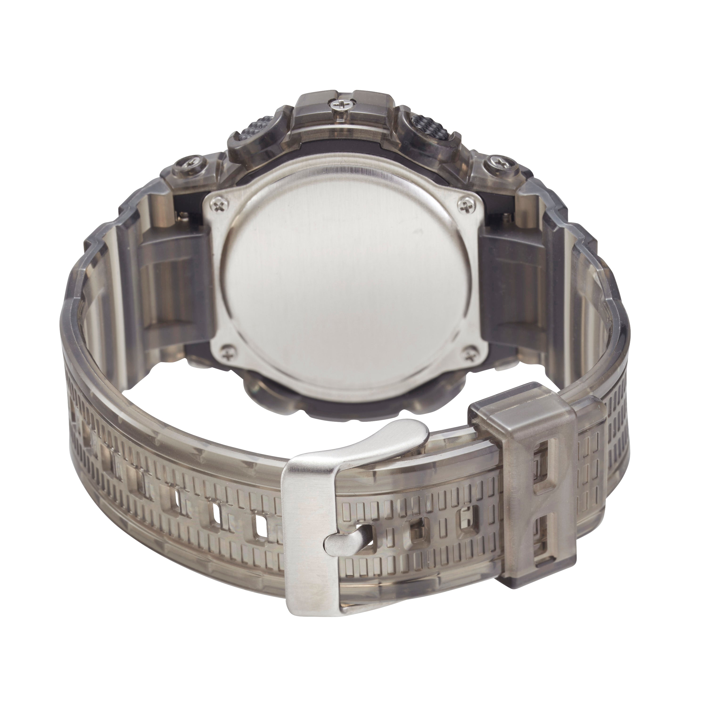 Maxum Endurance digital watch with a black resin strap and a black case, featuring a digital display, alarm, stopwatch, chronograph, and dual time functions. Back view