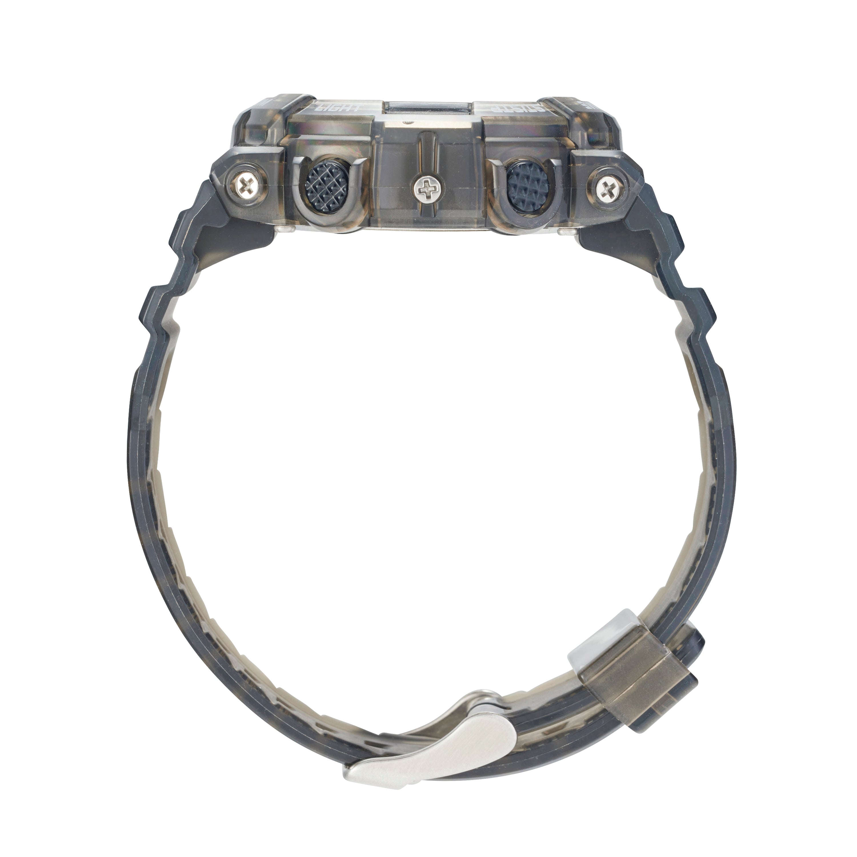 Maxum Endurance digital watch with a black resin strap and a black case, featuring a digital display, alarm, stopwatch, chronograph, and dual time functions. Side view