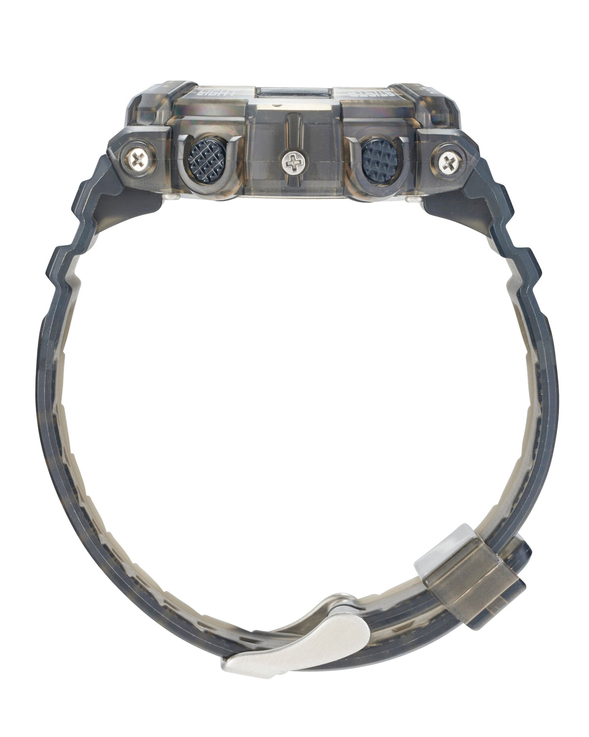 Maxum Endurance digital watch with a black resin strap and a black case, featuring a digital display, alarm, stopwatch, chronograph, and dual time functions. Side view
