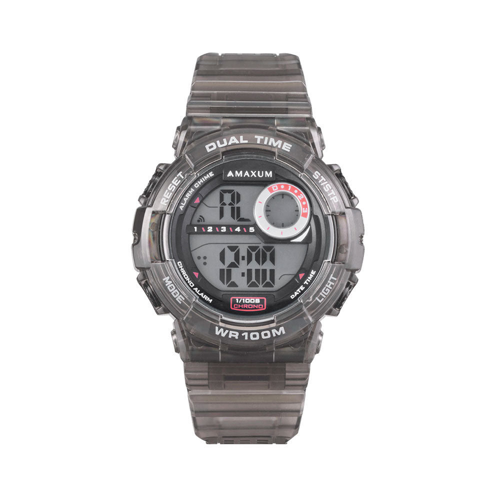 Maxum Endurance digital watch with a black resin strap and a black case, featuring a digital display, alarm, stopwatch, chronograph, and dual time functions.