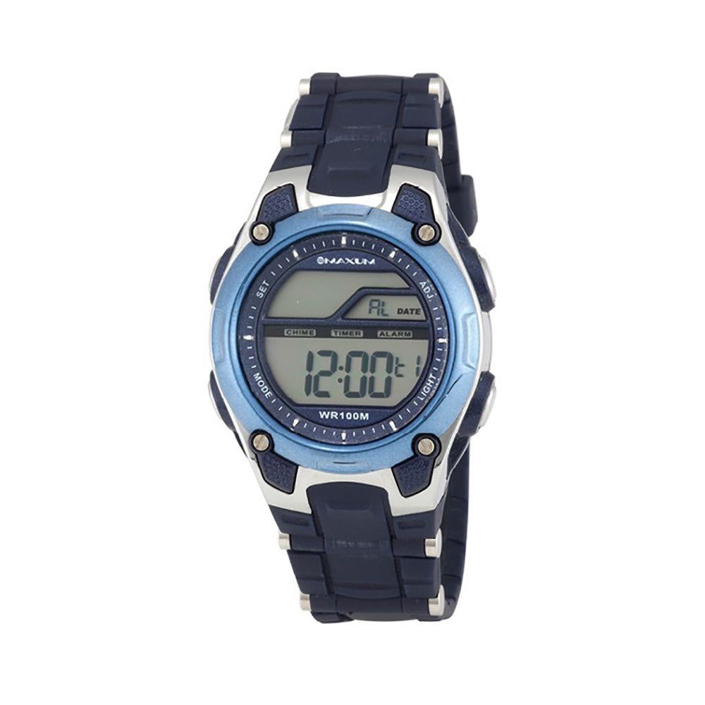 Maxum Swing blue digital wristwatch with a resin strap and buckle closure. The watch has a digital display showing time, date, and other features.