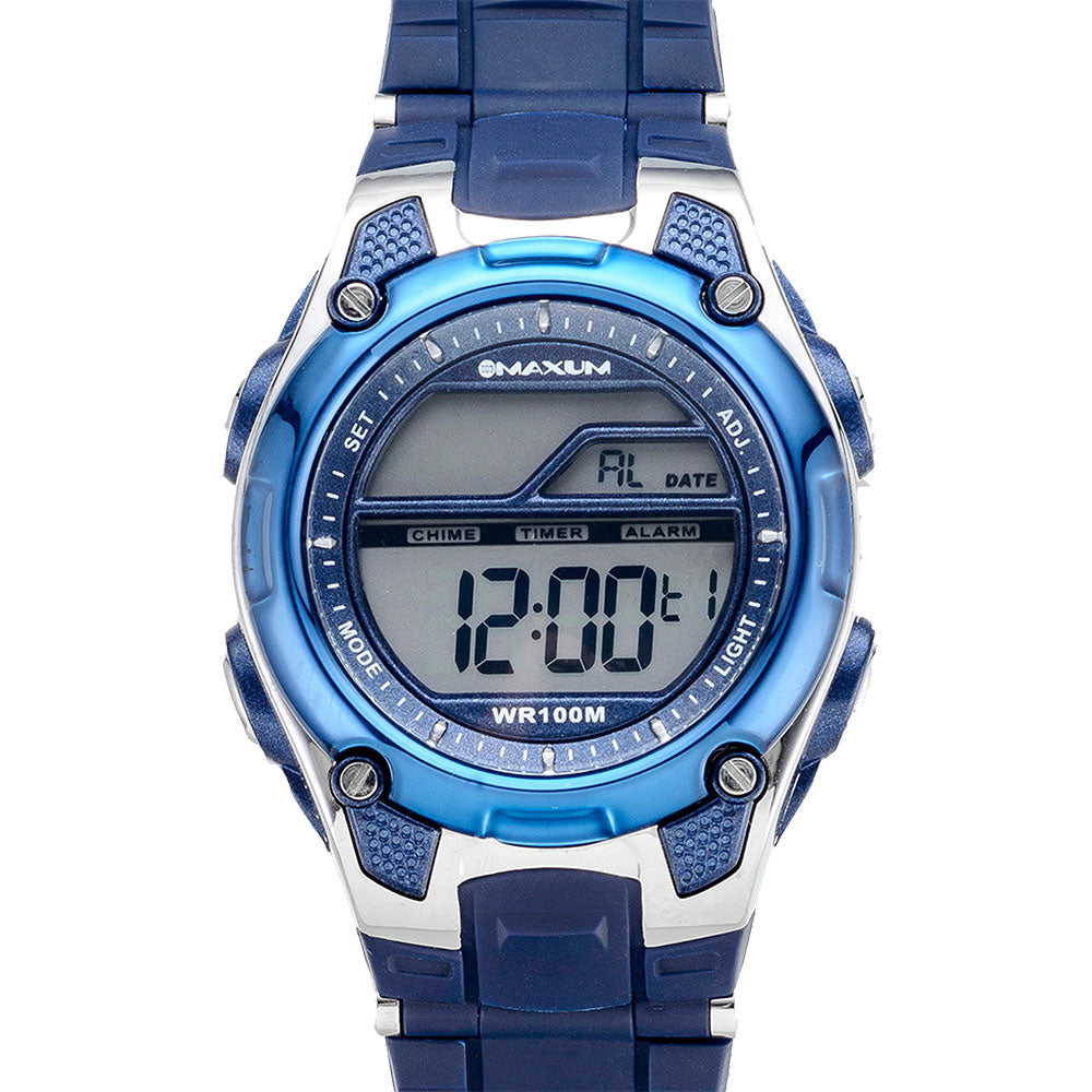 Maxum Swing blue digital wristwatch with a resin strap and buckle closure. The watch has a digital display showing time, date, and other features. Close up