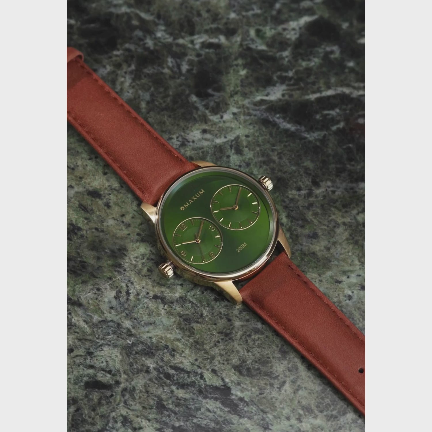 Maxum x Taylor Steele – Green Dial, Gold Tone Case & Brown Leather Band Watch