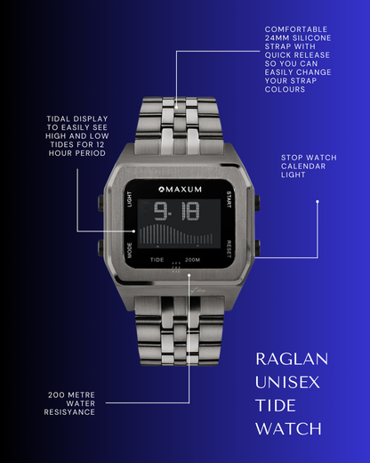 Raglan Digital Square Unisex Tide Watch– Gun Metal Case, Black Dial & Gun Metal Bracelet