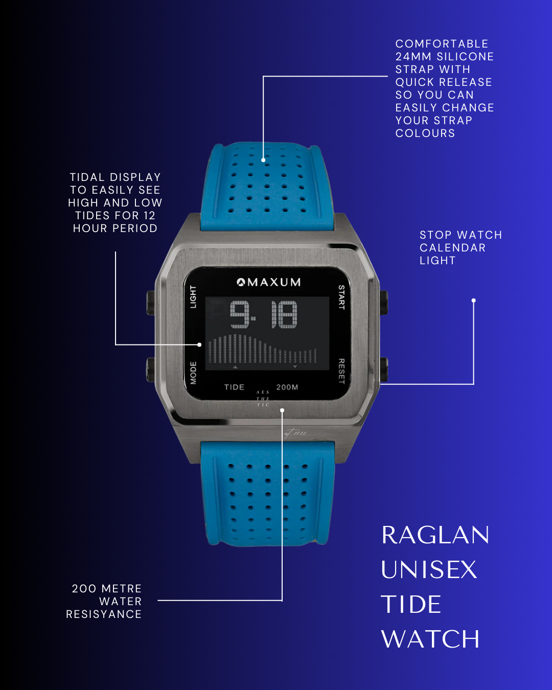 Raglan Digital Square Unisex Tide Watch– Gun Metal Case, Black Dial & Blue Silicone Strap