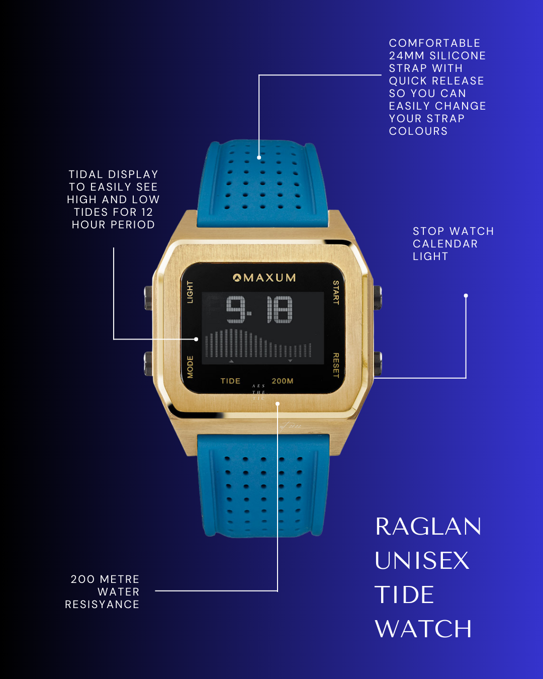 Raglan Digital Square Unisex Tide Watch– Gold Case, Black Dial & Blue Silicone Strap