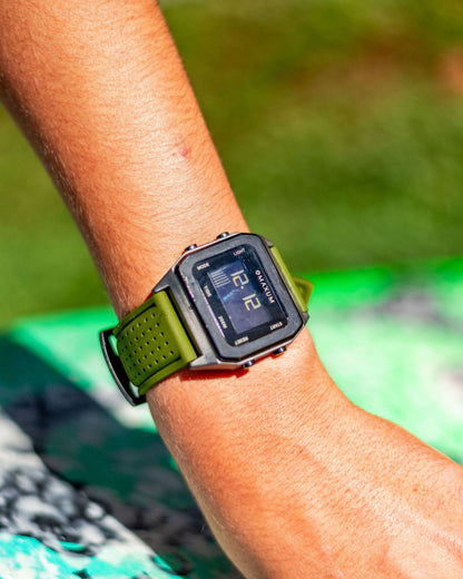 Raglan Digital Square Unisex Tide Watch – Black Case, Black Dial & Green Silicone Strap