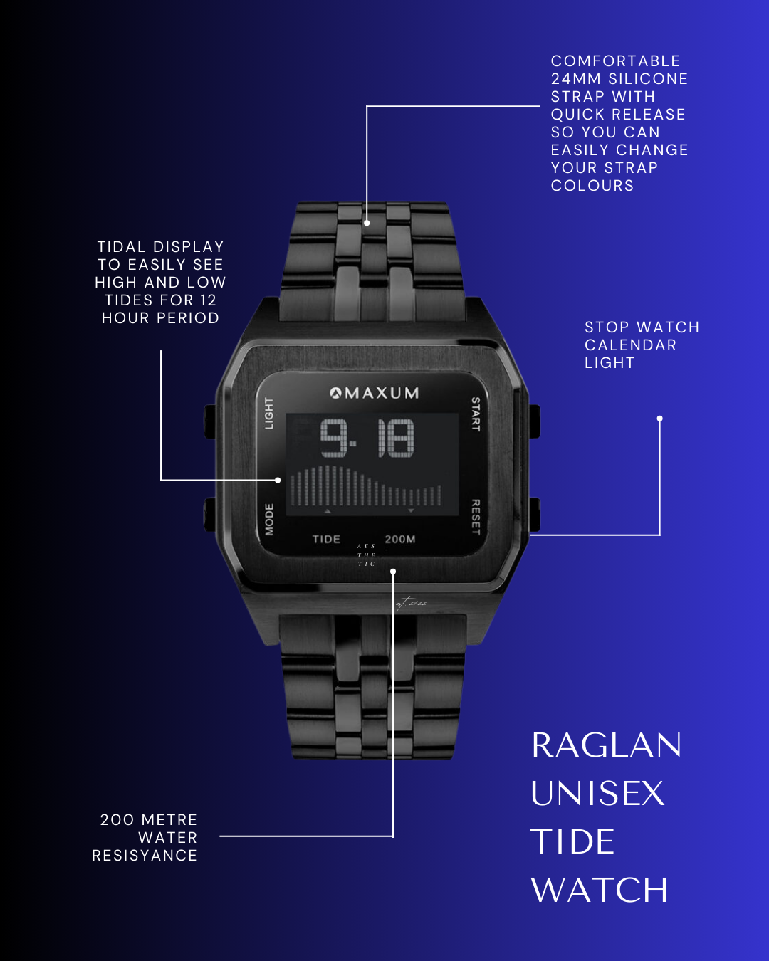 Raglan Digital Square Unisex Tide Watch – Black Case, Black Dial & Black Bracelet