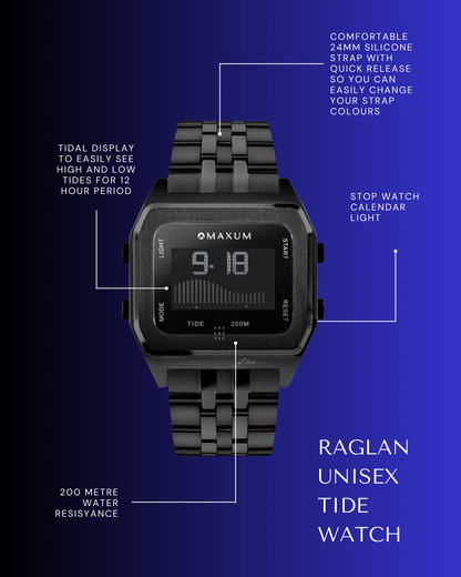 Raglan Digital Square Unisex Tide Watch – Black Case, Black Dial & Black Bracelet
