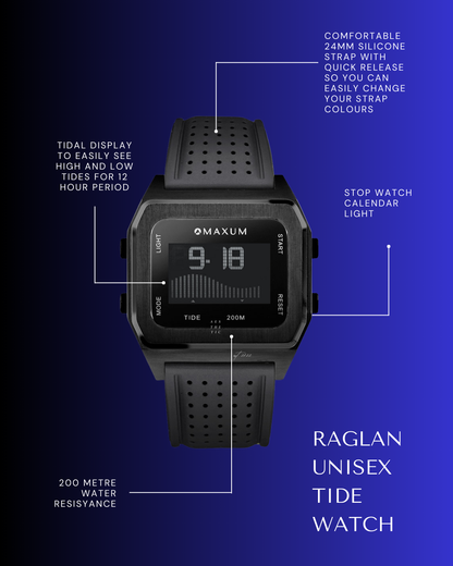 Raglan Digital Square Unisex Tide Watch – Black Case, Black Dial & Black Silicone Strap