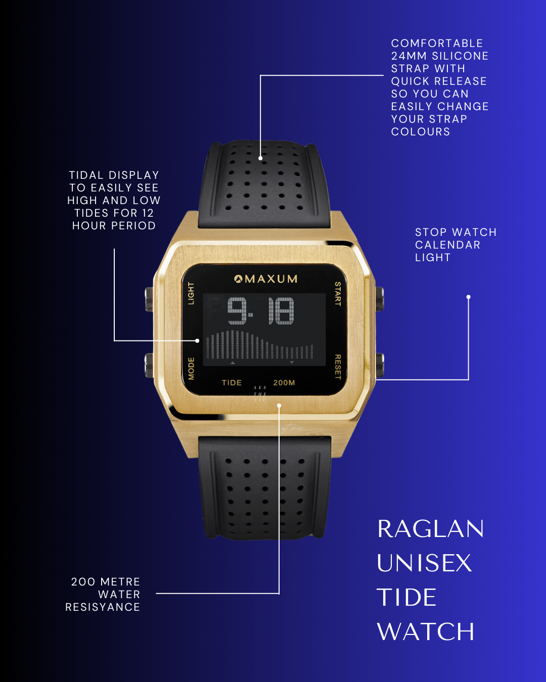 Raglan Digital Square Unisex Tide Watch– Gold Case, Black Dial & Black Silicone Strap
