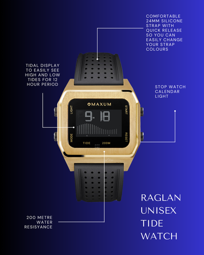 Raglan Digital Square Unisex Tide Watch– Gold Case, Black Dial & Black Silicone Strap