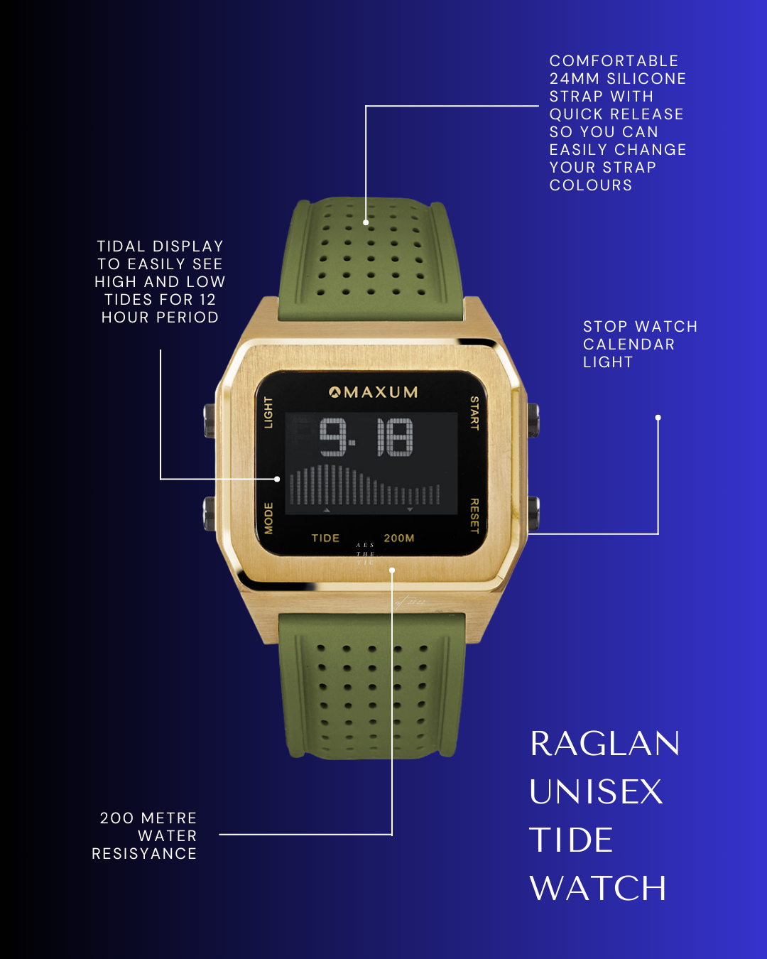 Raglan Digital Square Unisex Tide Watch– Gold Case, Black Dial & Green Silicone Strap