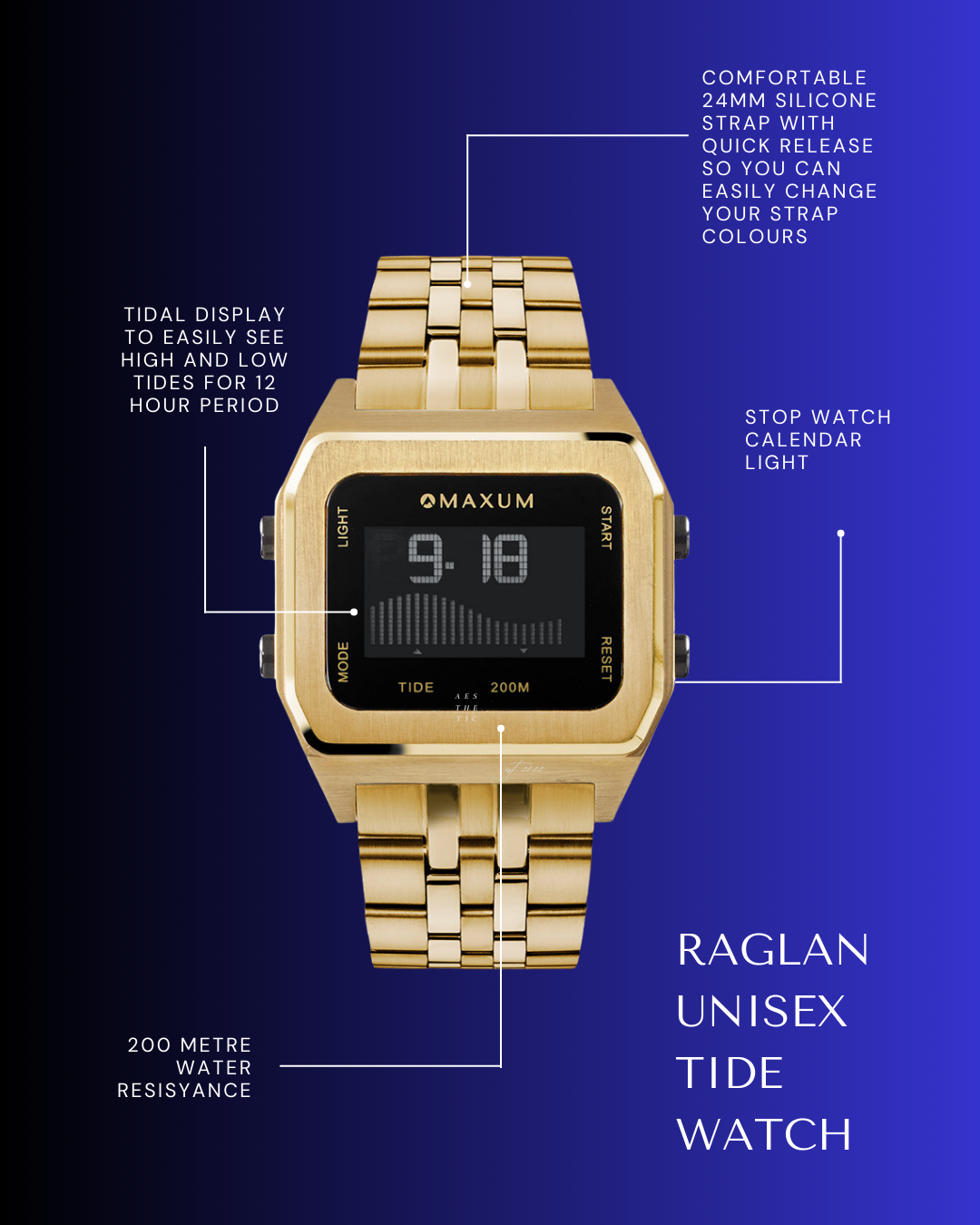 Raglan Digital Square Unisex Tide Watch– Gold Case, Black Dial & Gold Bracelet