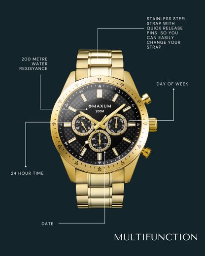 Lansdowne Multifunction Analogue Watch– Gold Case, Black Dial & Gold Bracelet